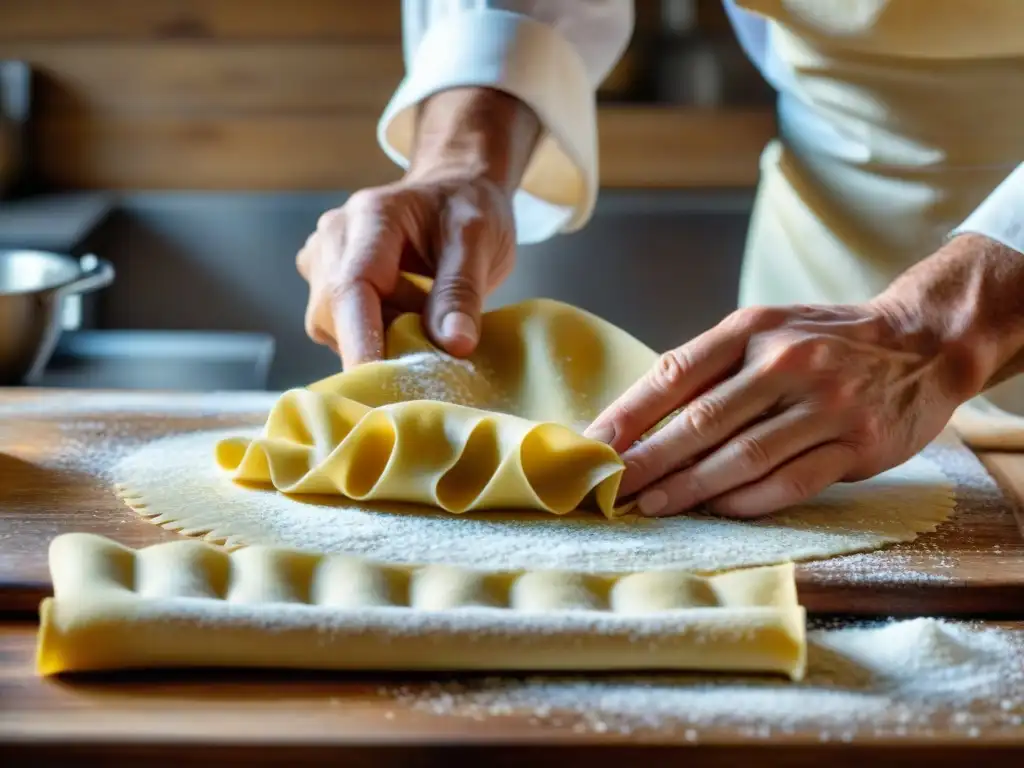 Un chef italiano experto moldea ravioli con técnicas de cocina italiana tradicionales