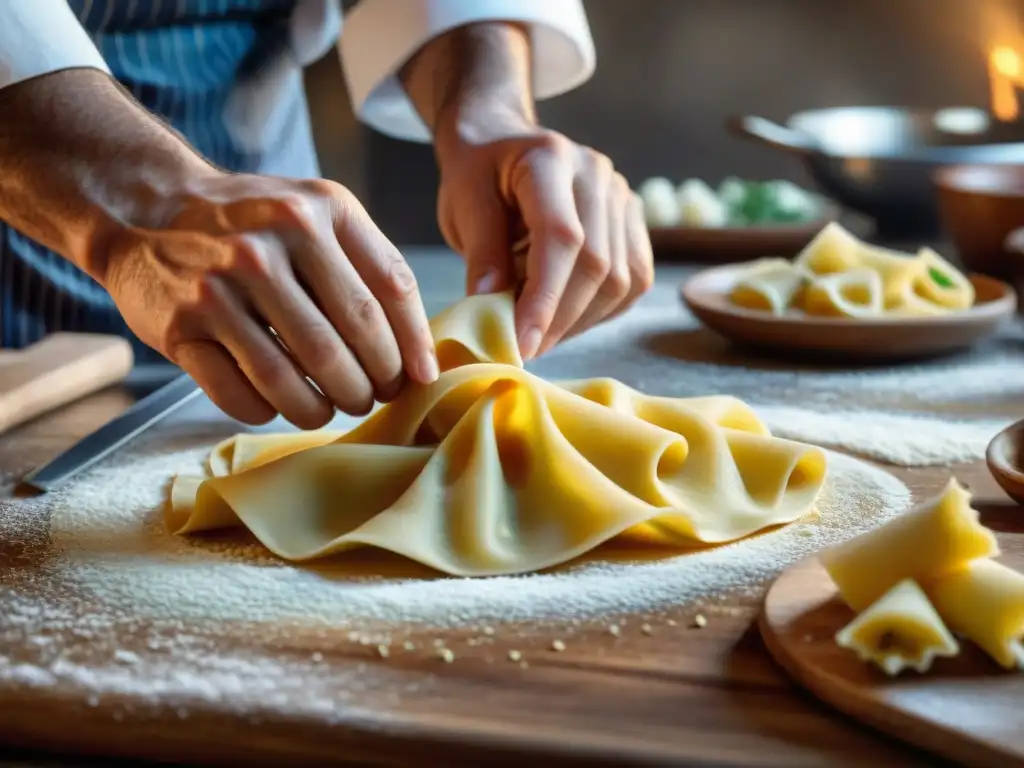 Un chef italiano experto moldea ravioli rellenos de ricotta, resaltando las influencias artísticas en gastronomía italiana