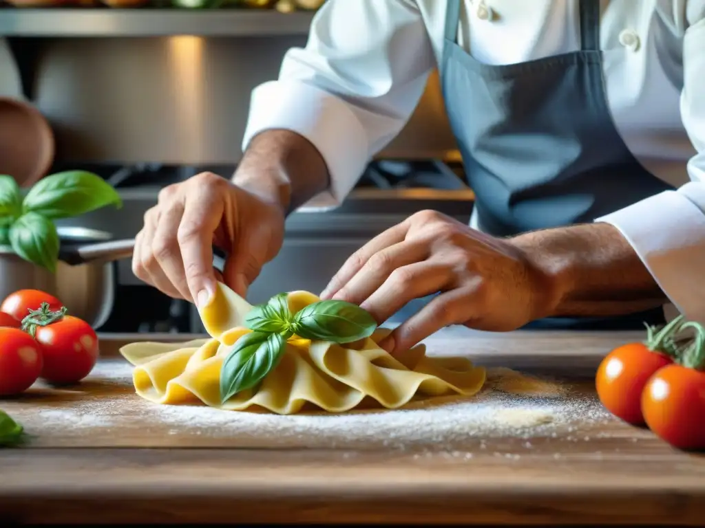 Un chef italiano experto moldea ravioli con pasión en cocina toscana