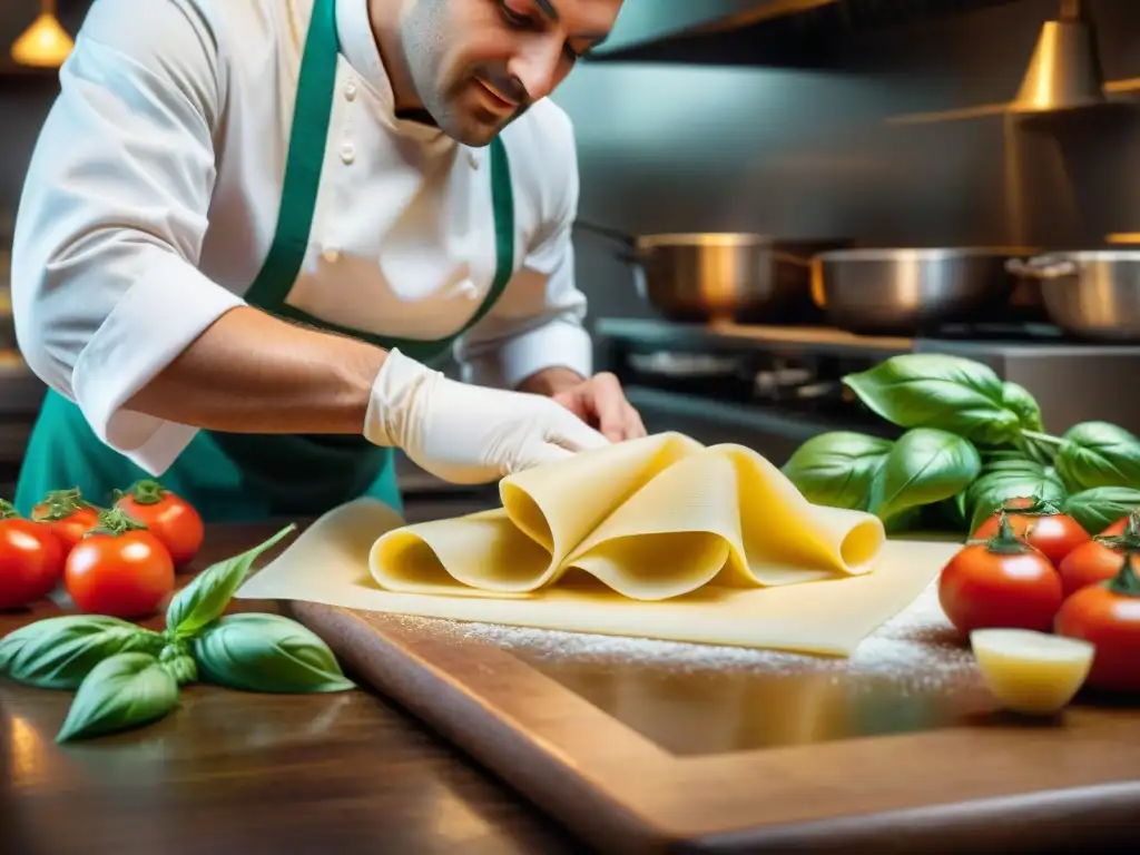 Un chef italiano experto elabora raviolis en una cocina tradicional, con ingredientes frescos