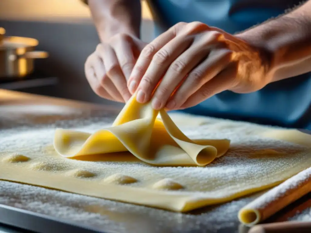 Un chef italiano experto moldea raviolis en una cocina rústica, mostrando el arte de las recetas de pasta fresca italiana