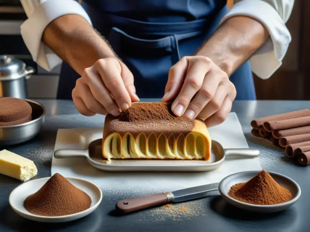 Un chef italiano experto preparando una receta auténtica tiramisú italiano en una cocina tradicional en Italia