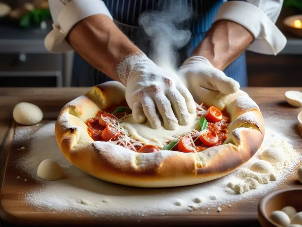 Chef italiano experto elaborando receta auténtica pizza casera italiana con destreza en masa de pizza sobre mesa de madera enharinada