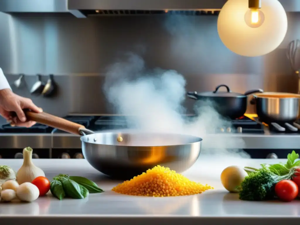 Un chef italiano experto preparando una receta tradicional con un toque único en una cocina moderna y luminosa