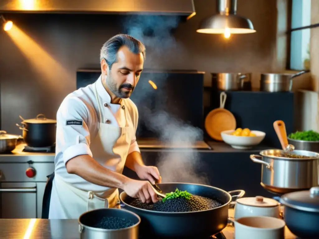 Chef italiano experto preparando receta risotto nero di seppia en cocina tradicional del sur de Italia