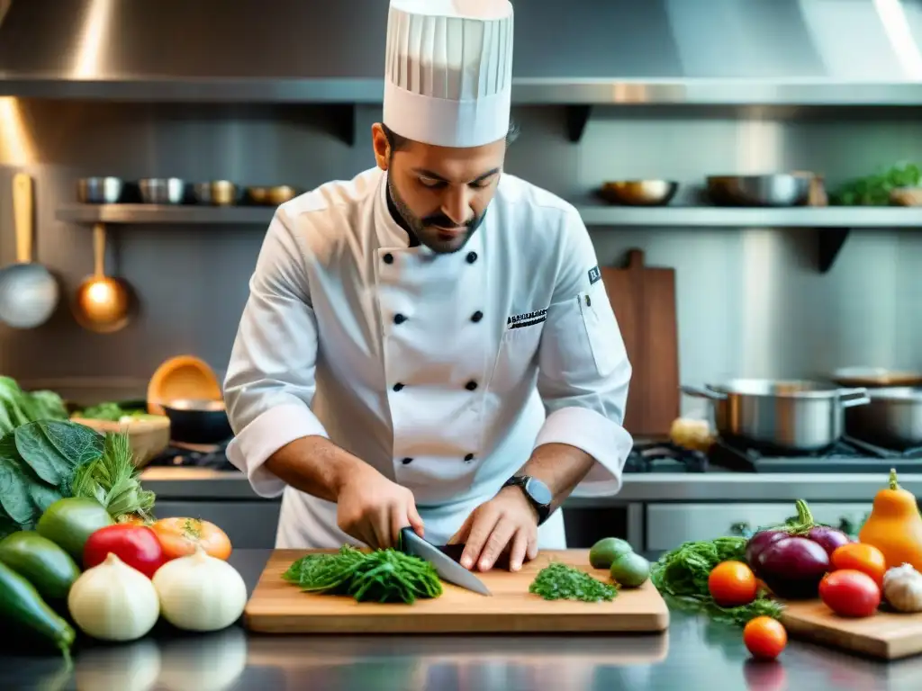 Un chef italiano experto crea recetas sin desperdicios en una cocina bulliciosa, rodeado de ingredientes frescos