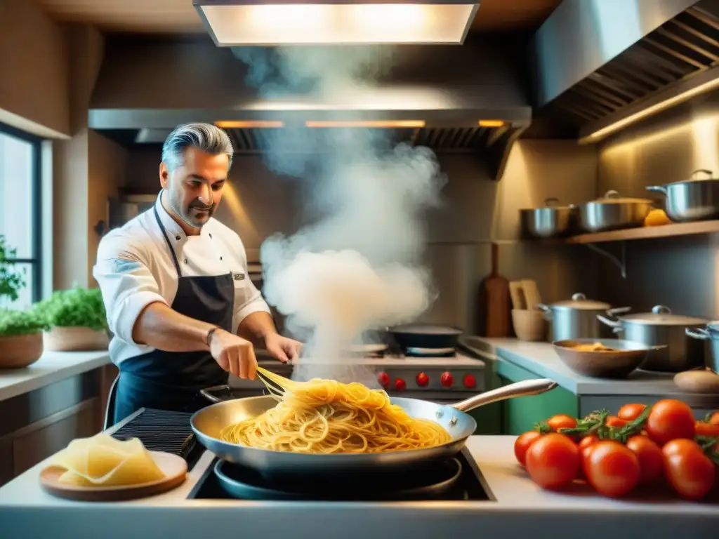 Un chef italiano experto preparando recetas italianas en una cocina bulliciosa con ingredientes frescos y libros de chefs famosos