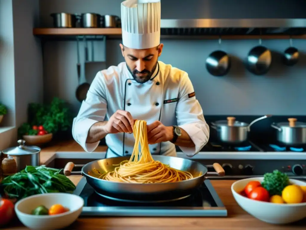 Un chef italiano experto en recetas cenas italianas rápidas, preparando espaguetis a mano en una bulliciosa cocina