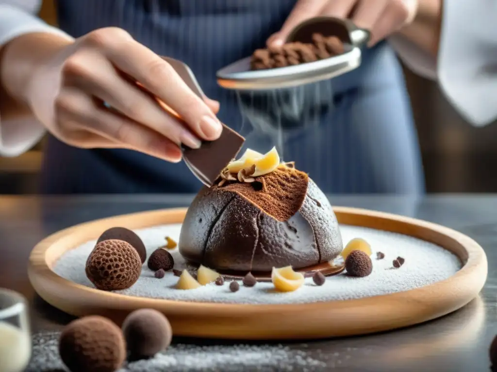 Un chef italiano experto en repostería, delicadamente rallando trufas frescas sobre un exquisito postre de trufa de chocolate