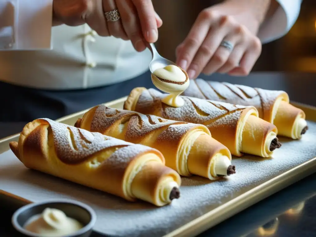 Chef italiano experto en repostería dulce decorando cannoli con tiramisú