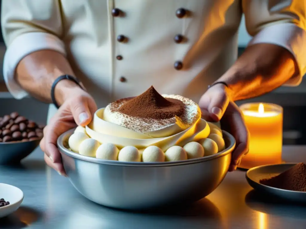 Un chef italiano experto en repostería mezcla mascarpone en postres italianos exquisitos