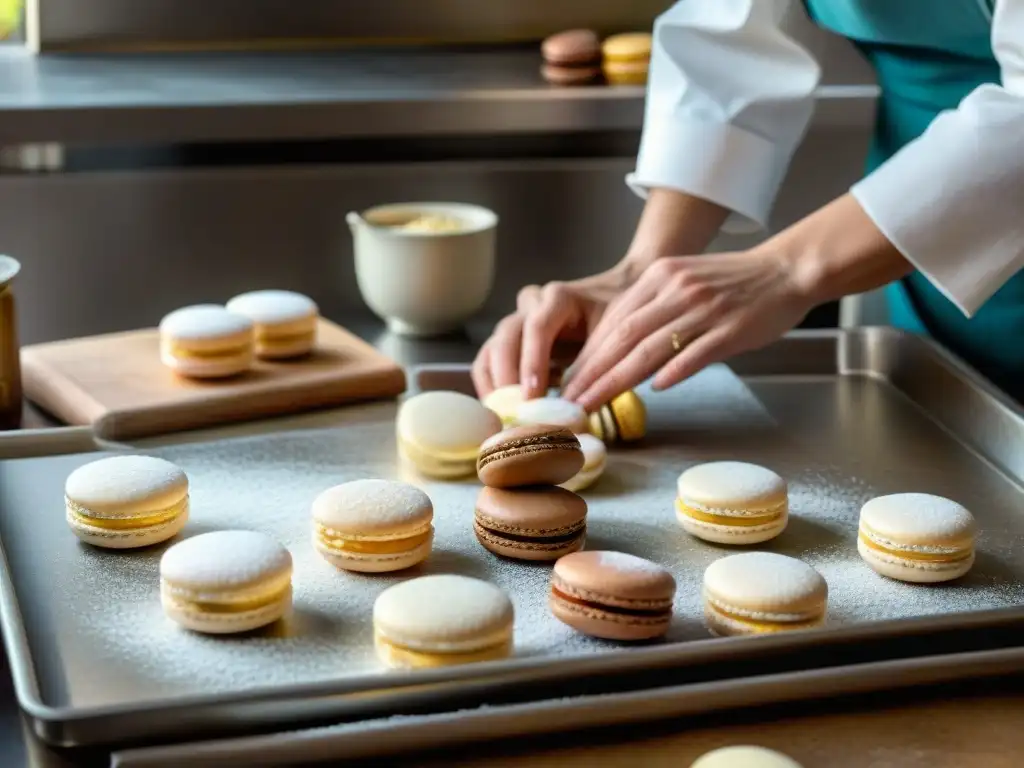 Un chef italiano experto en repostería, elaborando macarons con precisión en una cocina rústica, revela los Secretos del macarrón italiano tradicional