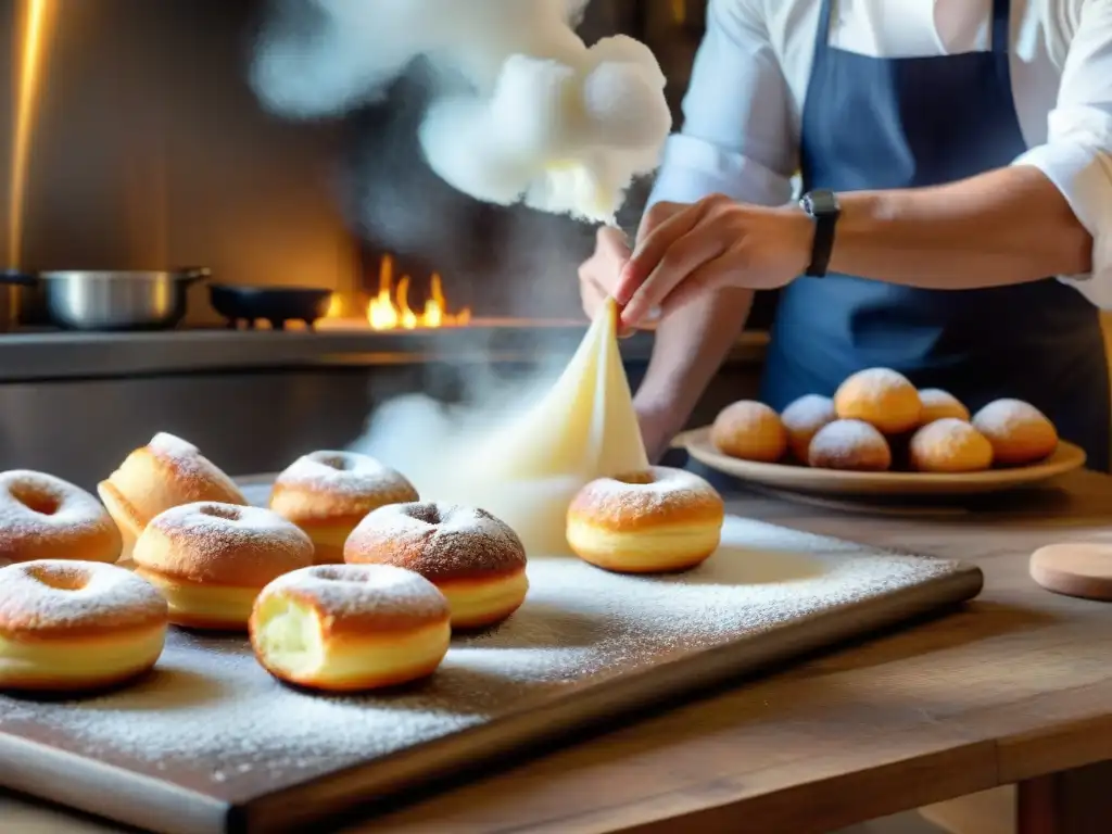 Un chef italiano experto en repostería elabora bomboloni con una receta auténtica en una cocina rústica y soleada