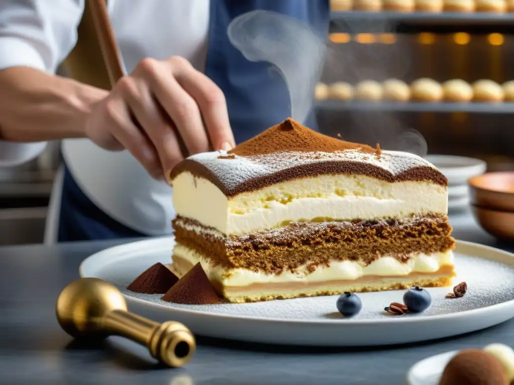 Un chef italiano experto en repostería creando un tiramisú, destacando las innovaciones en postres italianos