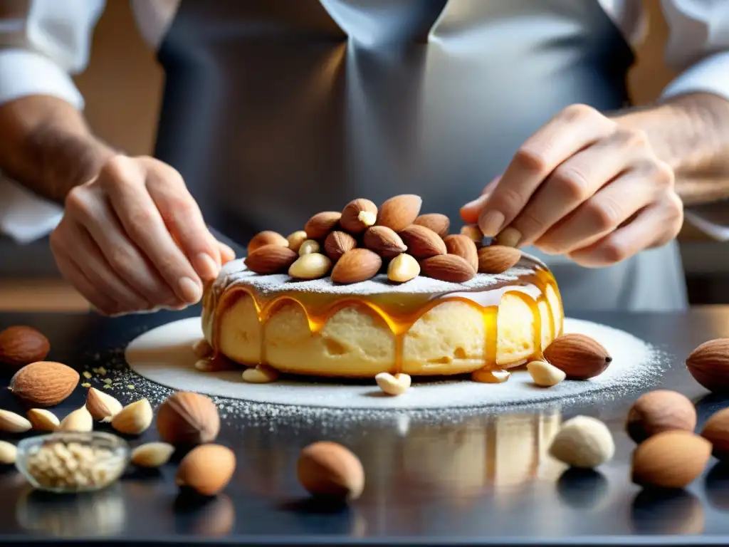 Un chef italiano experto en repostería vierte miel sobre almendras y avellanas tostadas para hacer el dulce navideño italiano Torroncino