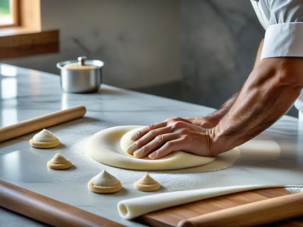 Chef italiano experto en repostería trabaja con precisión sobre una superficie de mármol, creando postres exquisitos