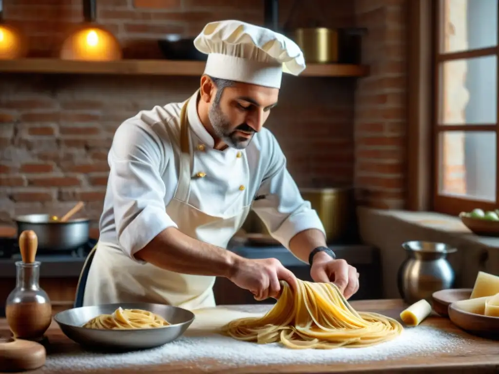 Un chef italiano experto en un restaurante con sabores tradicionales de Italia amasa pasta fresca a mano en una cocina rústica