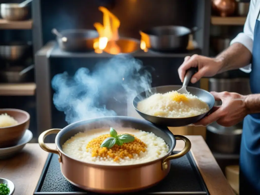 Un chef italiano experto remueve risotto en olla de cobre sobre llama