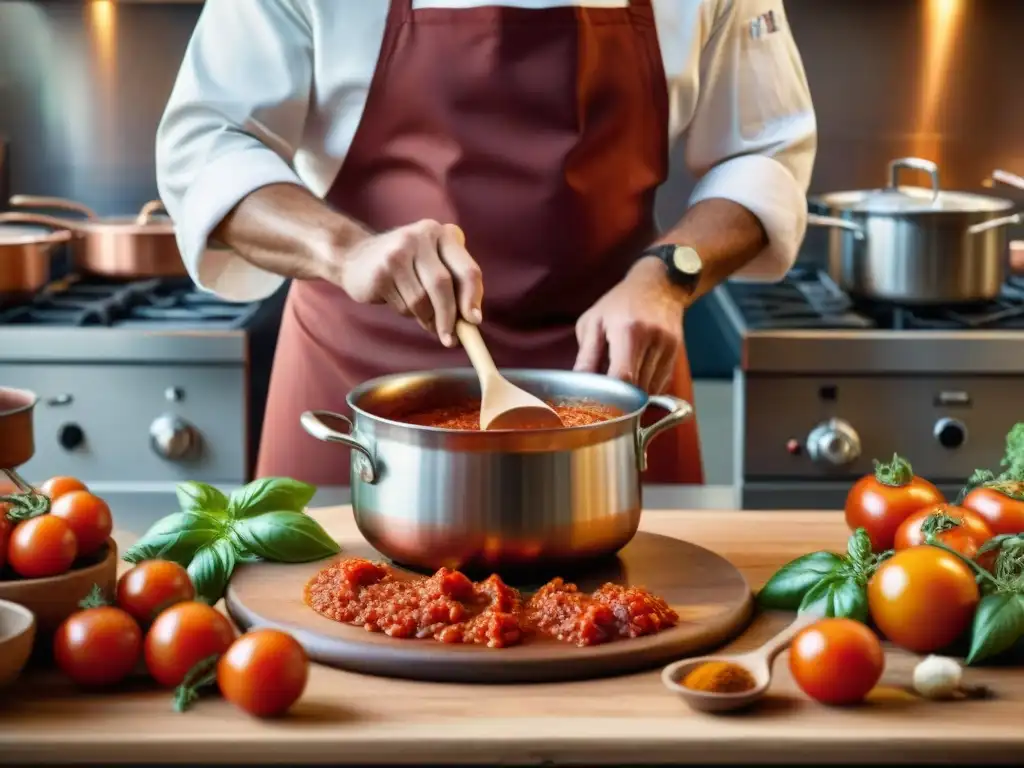 Un chef italiano experto preparando salsa de tomate en una cocina tradicional