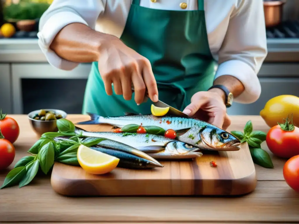 Un chef italiano experto preparando sardinas a la parrilla con hierbas y limón en una cocina tradicional con ingredientes mediterráneos vibrantes