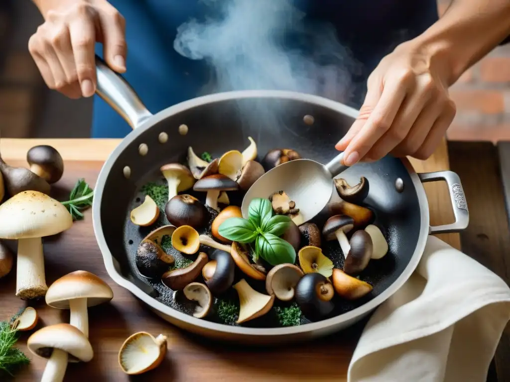 Un chef italiano experto salteando setas silvestres con hierbas frescas en una sartén, en una cocina rústica italiana