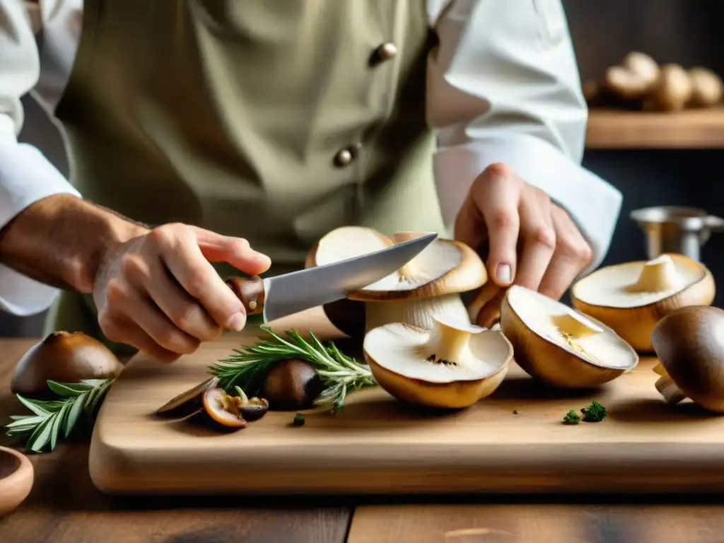 Un chef italiano experto corta meticulosamente setas porcini frescas en una cocina rústica