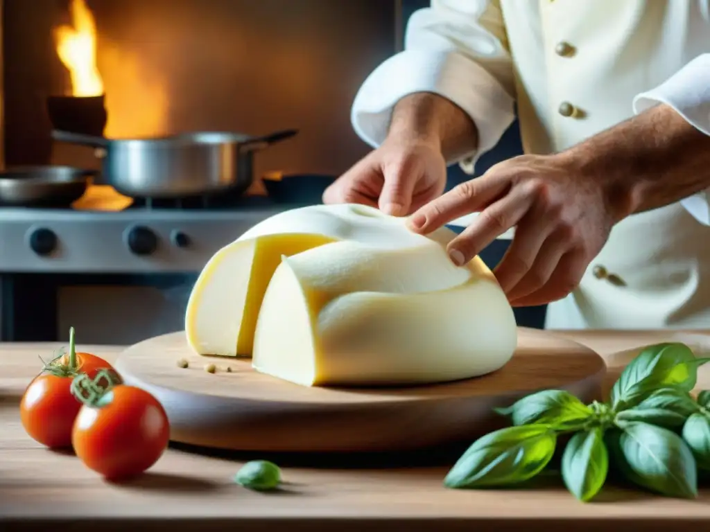 Un chef italiano experto crea sfoglia di mozzarella en una cocina tradicional, destacando la artesanía de la cocina italiana