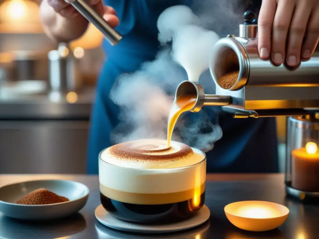 Un chef italiano experto utilizando un sifón para crear espuma de café para tiramisú