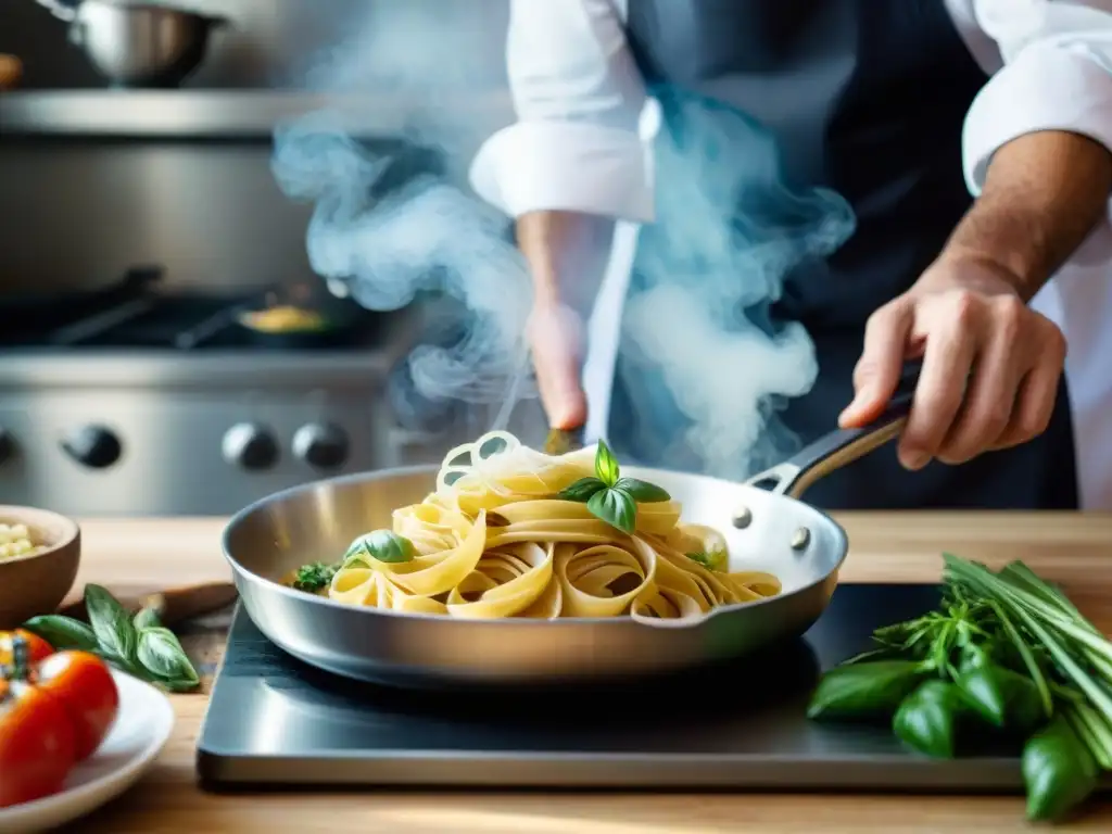 Un chef italiano experto transforma sobras de pasta en una obra gourmet en una cocina bulliciosa