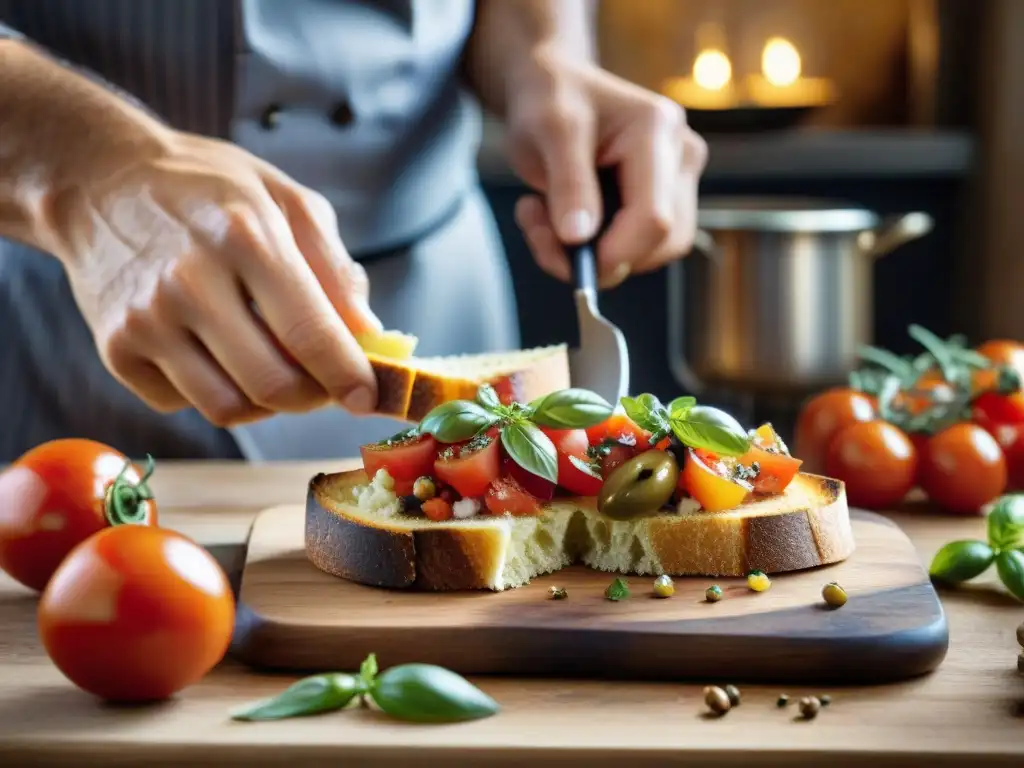 Un chef italiano experto transforma sobras de pan en bruschetta, destacando la artesanía y la creatividad con subproductos en cocina italiana