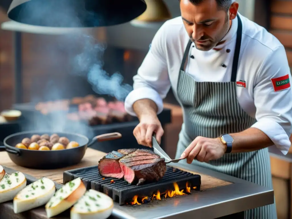 Un chef italiano experto sellando un suculento filete con Aglianico en una parrilla, rodeado de humo aromático