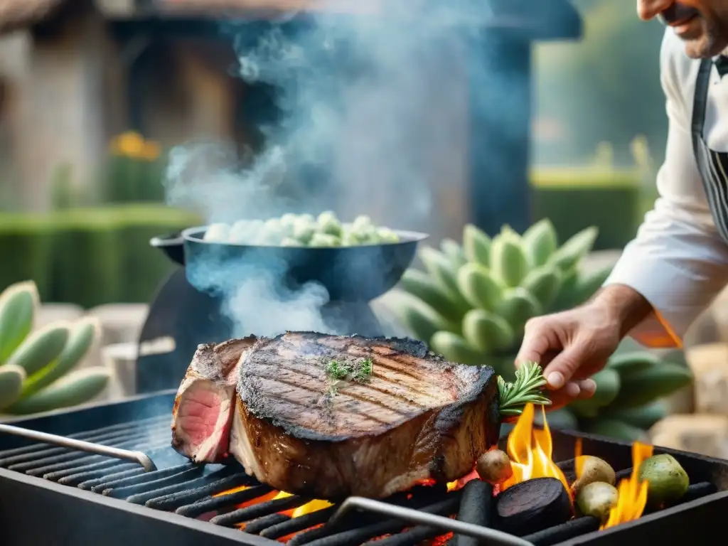 Un chef italiano experto asa un suculento T-bone sobre brasas, técnicas de cocción de carnes italianas