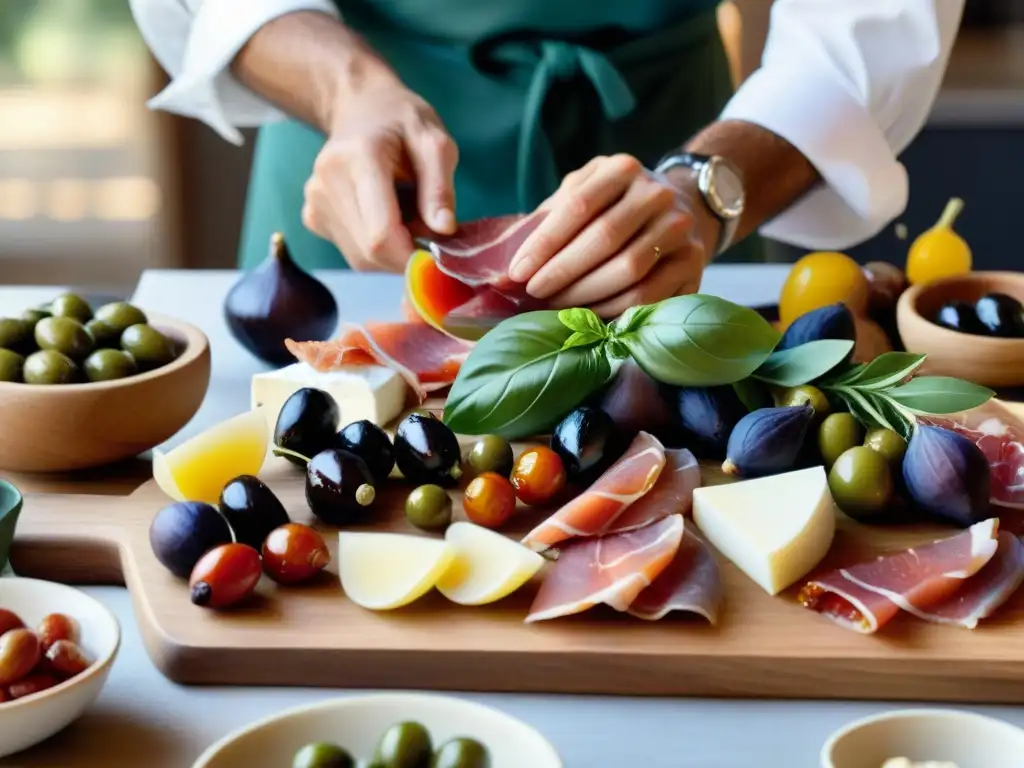 Un chef italiano experto prepara antipasti con maestría en una tabla de madera rústica