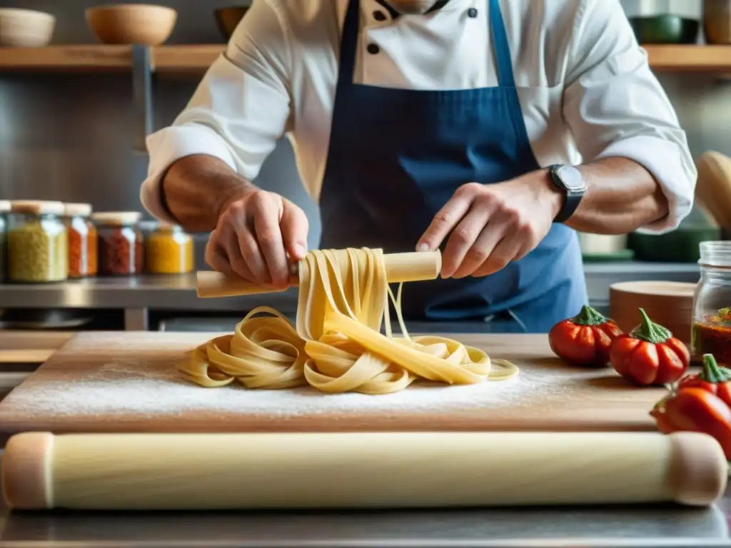 Chef italiano experto en talleres de cocina italiana especializados, elaborando pasta a mano en una cocina rústica y soleada