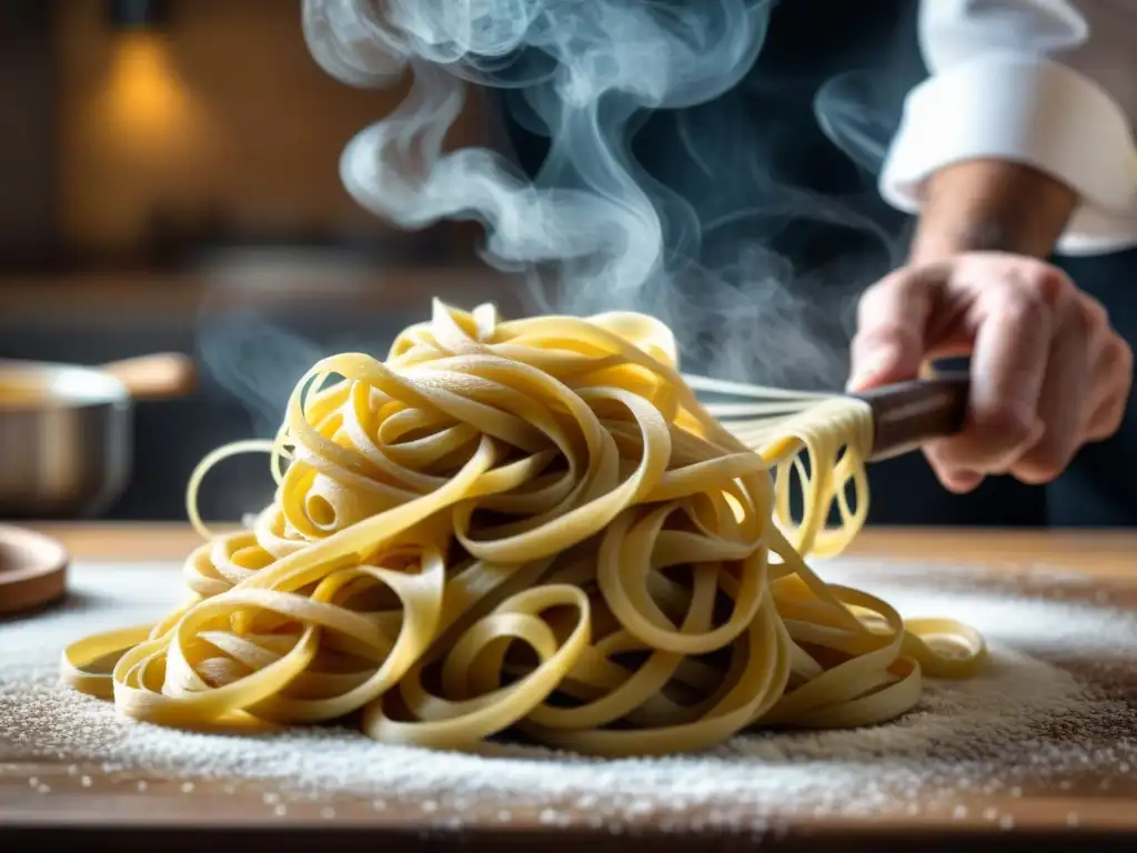 Un chef italiano experto en talleres de cocina italiana especializados, creando espaguetis con destreza en una mesa de madera rústica