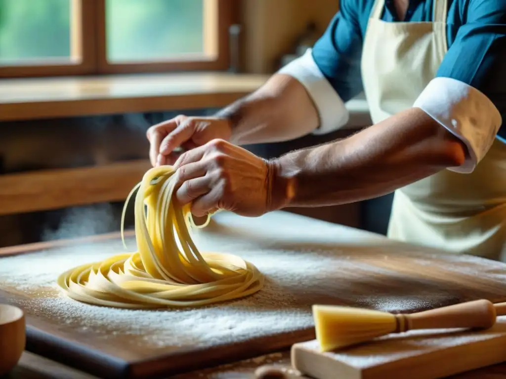 Un chef italiano experto en técnicas de cocina italiana avanzadas, moldeando pasta con destreza en una cocina rústica