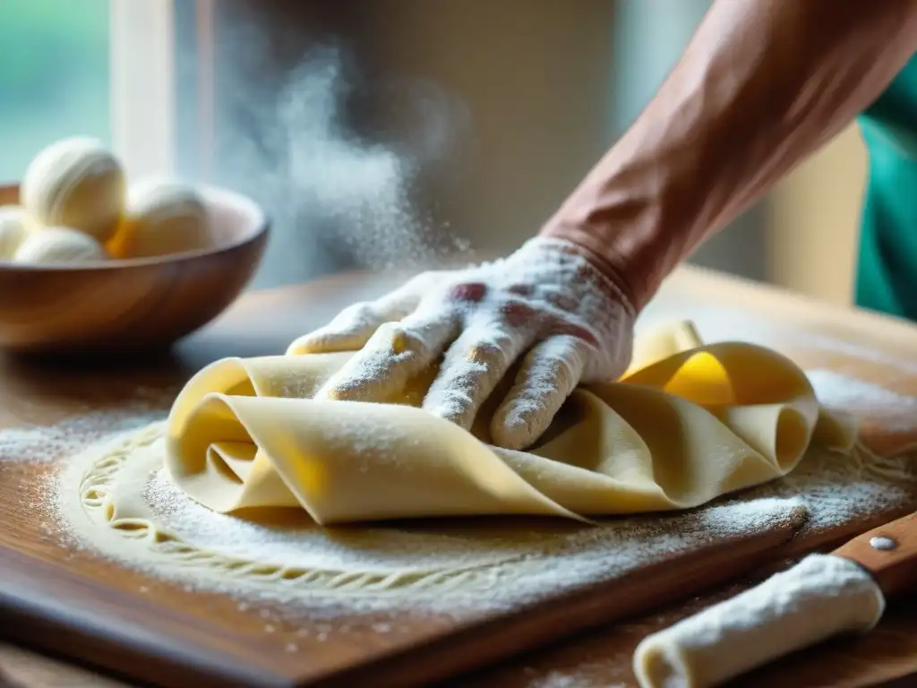 Un chef italiano experto en técnicas de cocina italiana tradicionales amasa pasta casera con destreza, sus manos cubiertas de harina