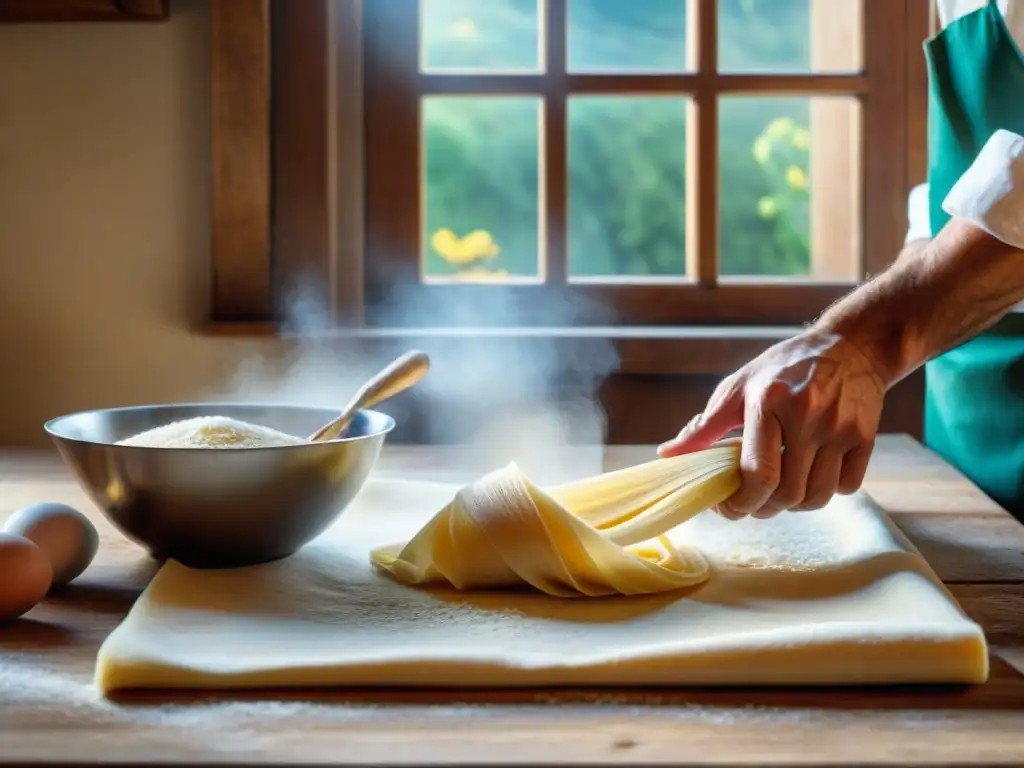 Un chef italiano experto en técnicas culinarias tradicionales revive el arte de hacer pasta a mano con destreza, en un ambiente rústico y nostálgico