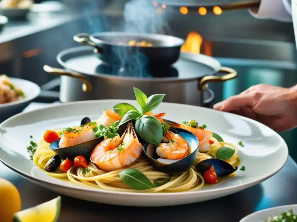 Un chef italiano experto preparando con técnicas innovadoras un plato de mariscos en una cocina costera vibrante