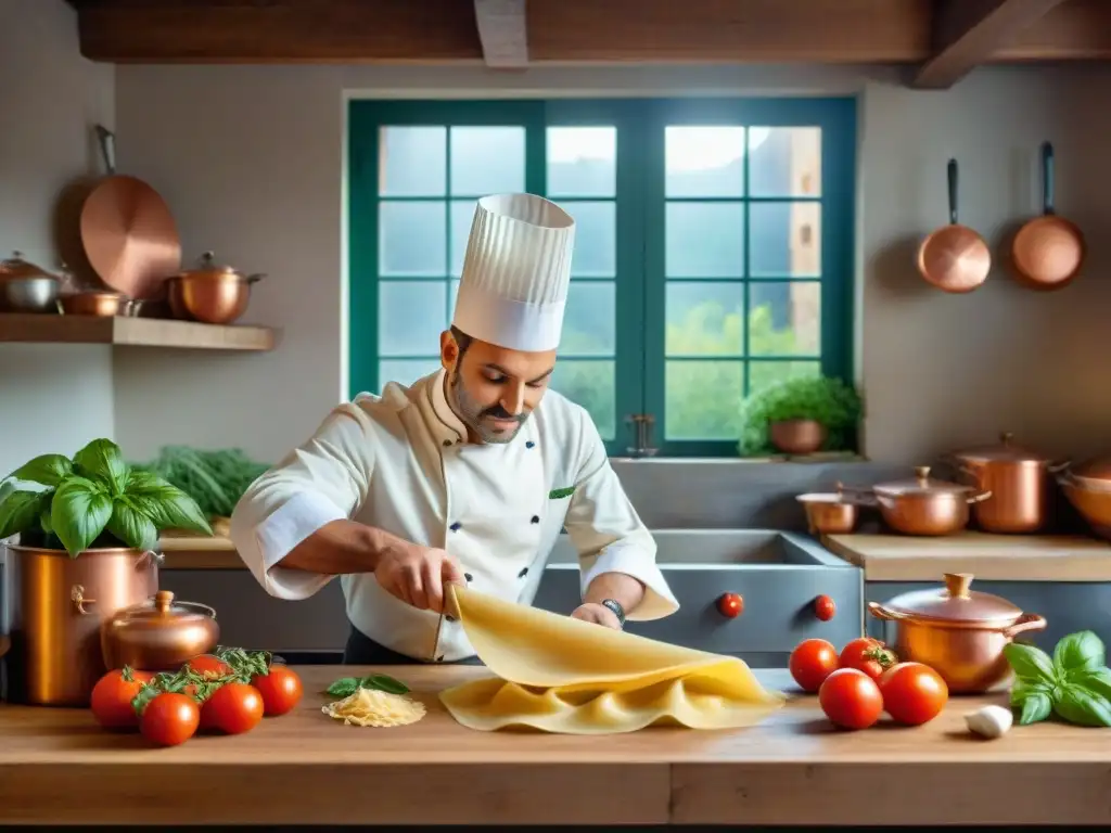 Un chef italiano experto en técnicas de cocina italiana avanzadas crea raviolis de ricotta y albahaca, en una cocina tradicional bulliciosa