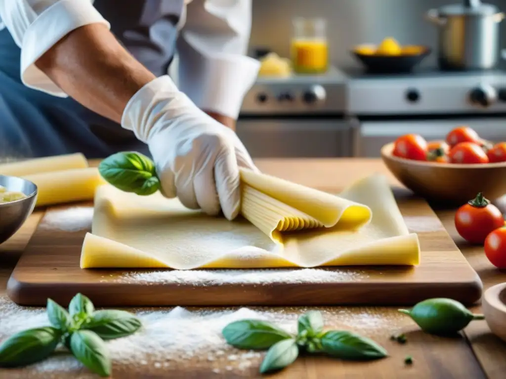 Un chef italiano experto en técnicas de cocina italiana avanzadas enrolla a mano láminas de pasta fresca en una mesa de madera