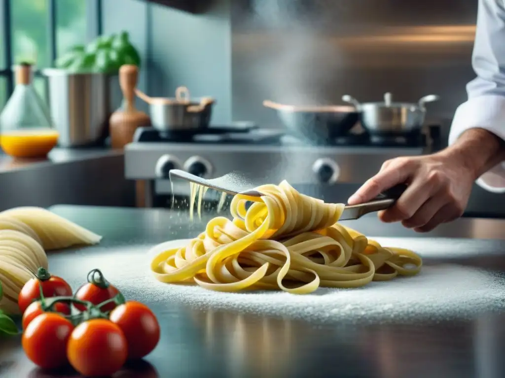 Un chef italiano experto en técnicas culinarias avanzadas moldea con precisión pasta fresca en una cocina moderna y vibrante