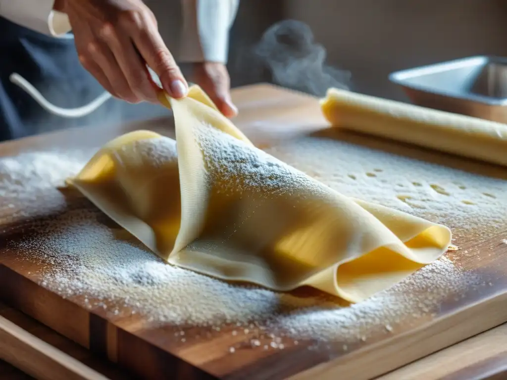 Un chef italiano experto en técnicas culinarias avanzadas, enrollando pasta fresca con destreza en una encimera de madera