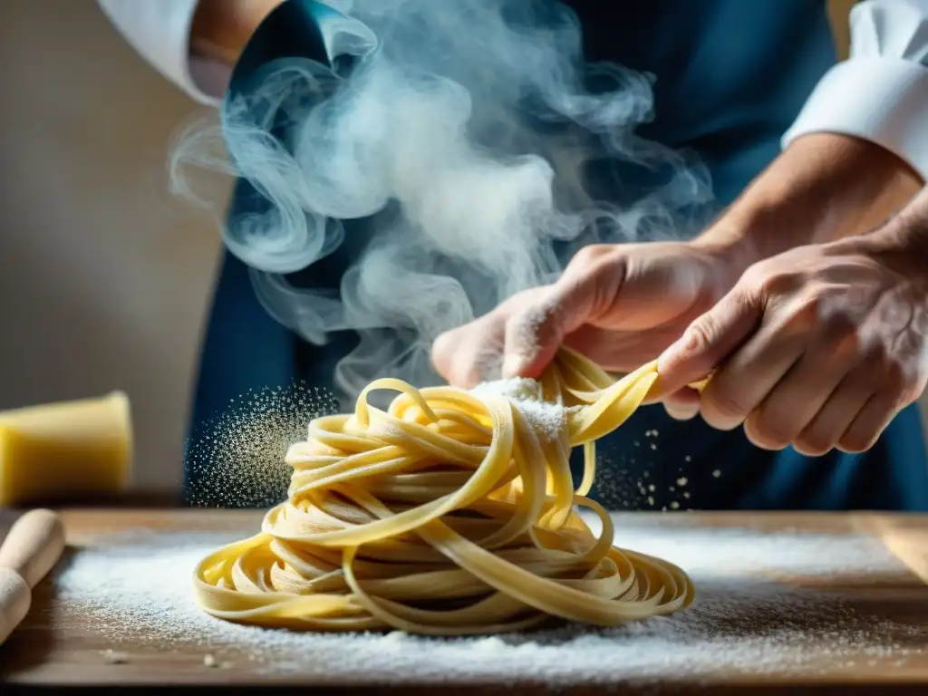 Un chef italiano experto en técnicas culinarias maestros libros realiza pasta fresca con destreza