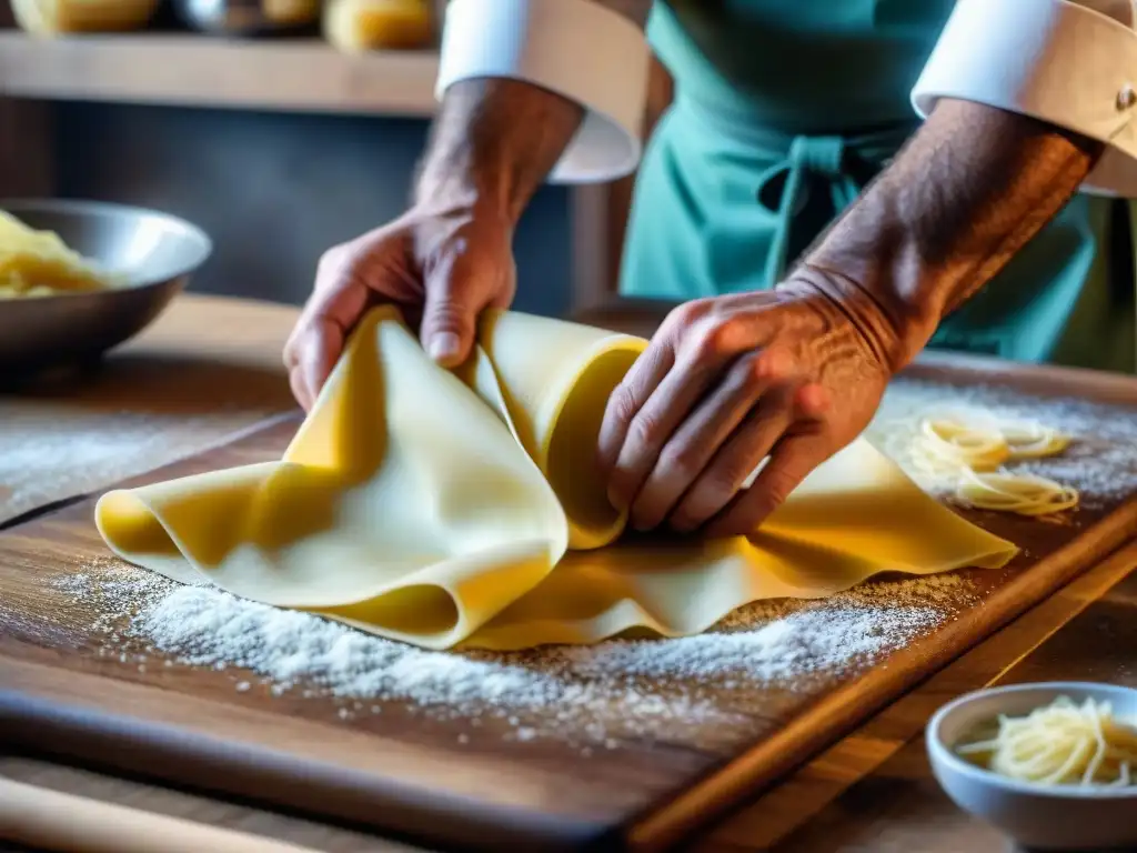 Un chef italiano experto en técnicas culinarias maestros libros, amasa con precisión una pasta fresca