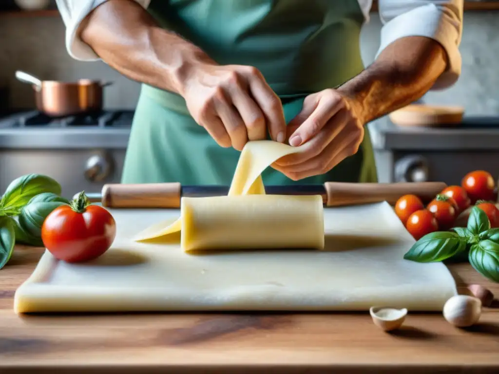 Un chef italiano experto en técnicas culinarias maestras preparando pasta fresca en una cocina rústica toscana