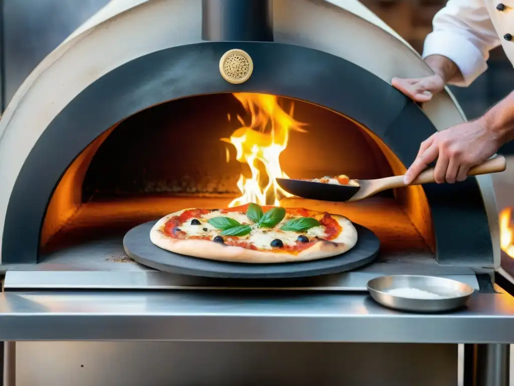 Maestro pizzero italiano: arte en horno de leña Un chef italiano experto controla la temperatura en un horno de leña, deslizando una pizza tradicional con destreza