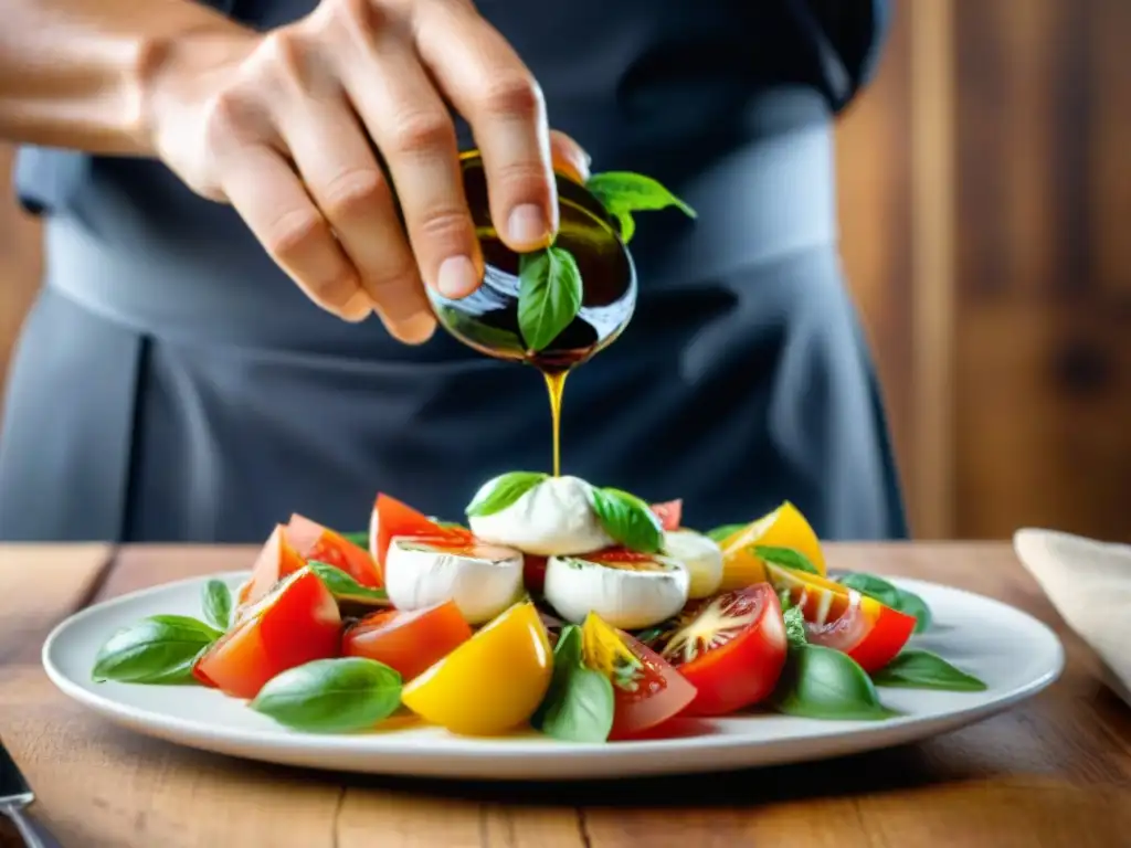 Un chef italiano experto en tendencias cocina italiana vinagre, añade balsámico a una ensalada caprese vibrante