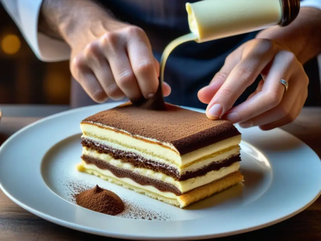 Un chef italiano experto elaborando un tiramisú en una cocina rústica de la Toscana