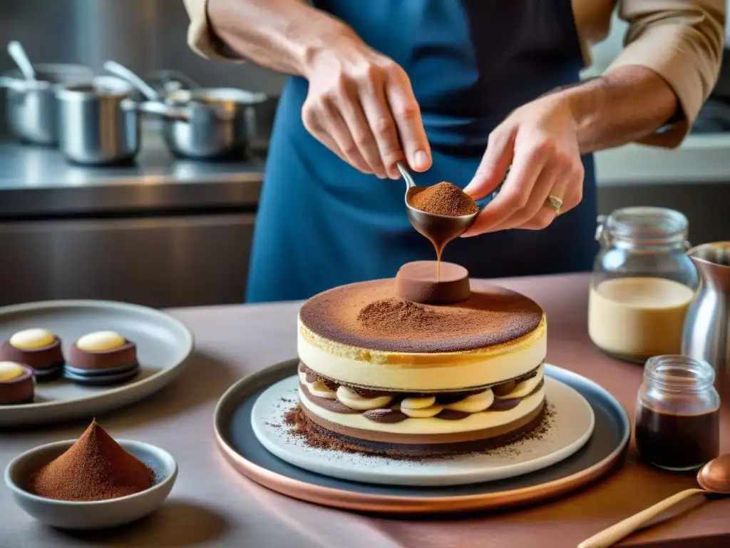 Un chef italiano experto prepara un Tiramisú en una cocina rústica llena de utensilios de cobre y ingredientes